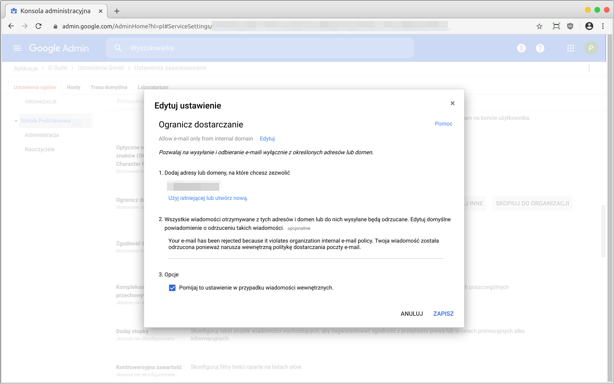 Ustawienia Gmail jako poczty wewnętrznej